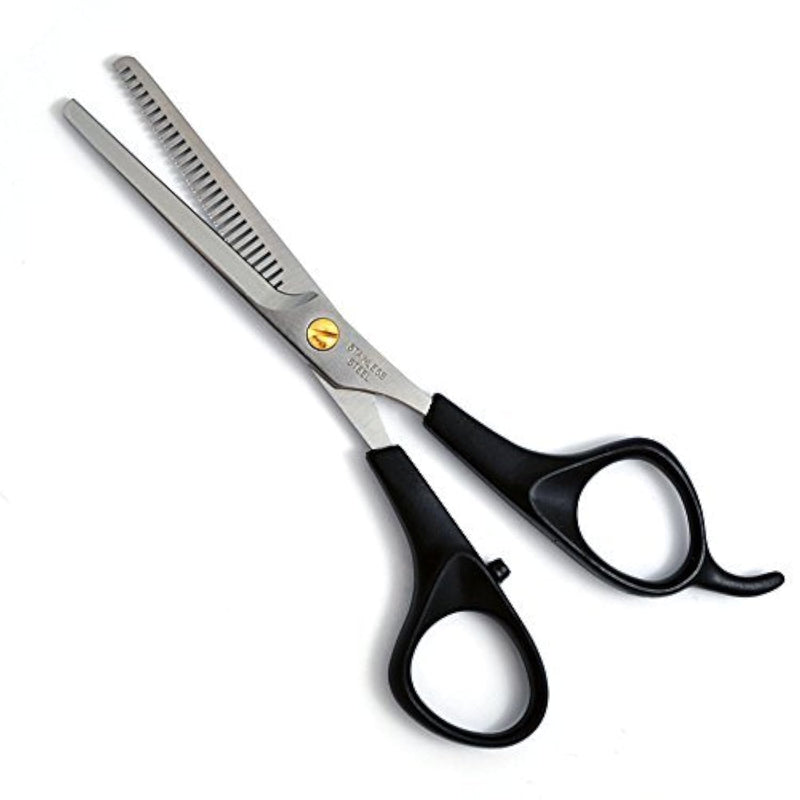 Stainless steel hair thinning shears with serrated blade and black ergonomic handles open view