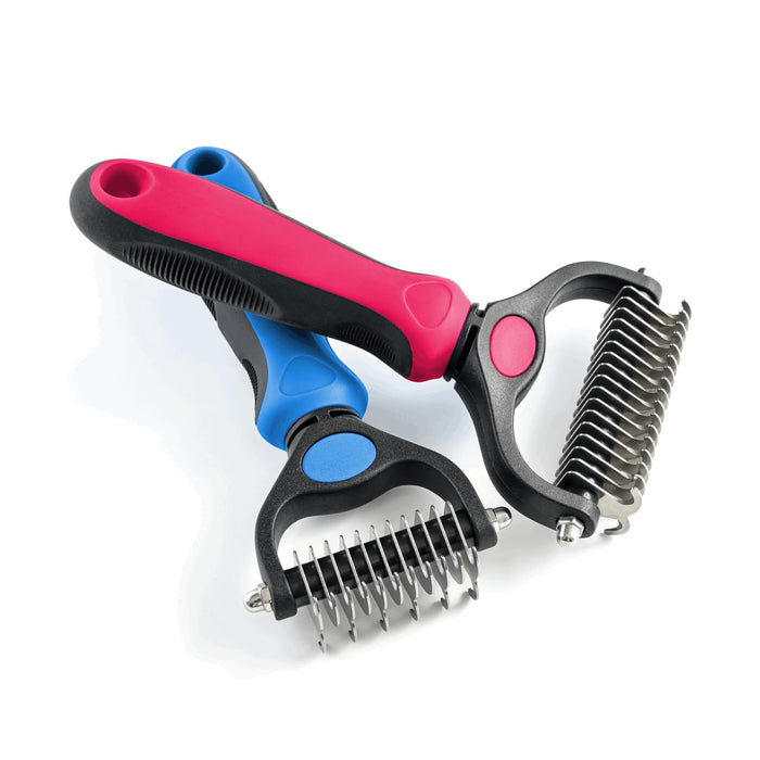 Three colorful pet grooming tools with metal teeth - pink, blue, and gray dematting combs