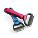 Three colorful pet grooming tools with metal teeth - pink, blue, and gray dematting combs