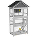 Large gray wooden bird aviary with three levels, wire mesh panels, and two yellow birds inside