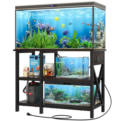 Black metal aquarium stand with three tanks and storage shelves, featuring colorful fish displays