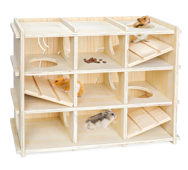 Three-tier wooden hamster habitat with multiple compartments showing three hamsters exploring
