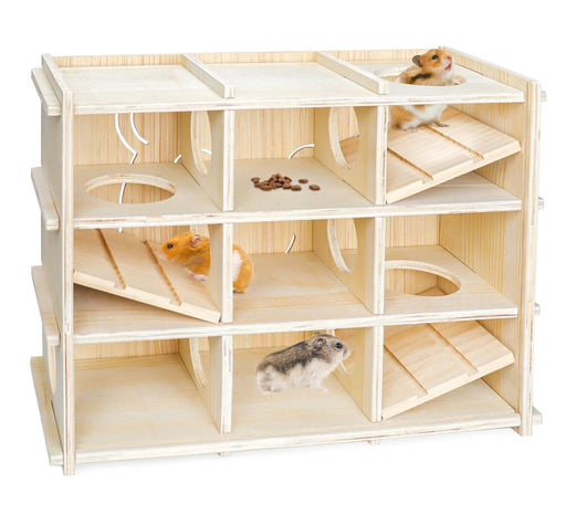 Three-tier wooden hamster habitat with multiple compartments showing three hamsters exploring