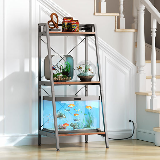 Three-tier metal fish tank stand with aquarium and fish bowls displayed in bright home entryway