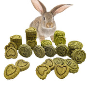 Brown rabbit sitting behind scattered green timothy grass chew cakes on white background