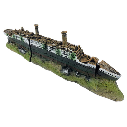 Detailed Titanic shipwreck aquarium ornament with moss-covered base shown at diagonal angle