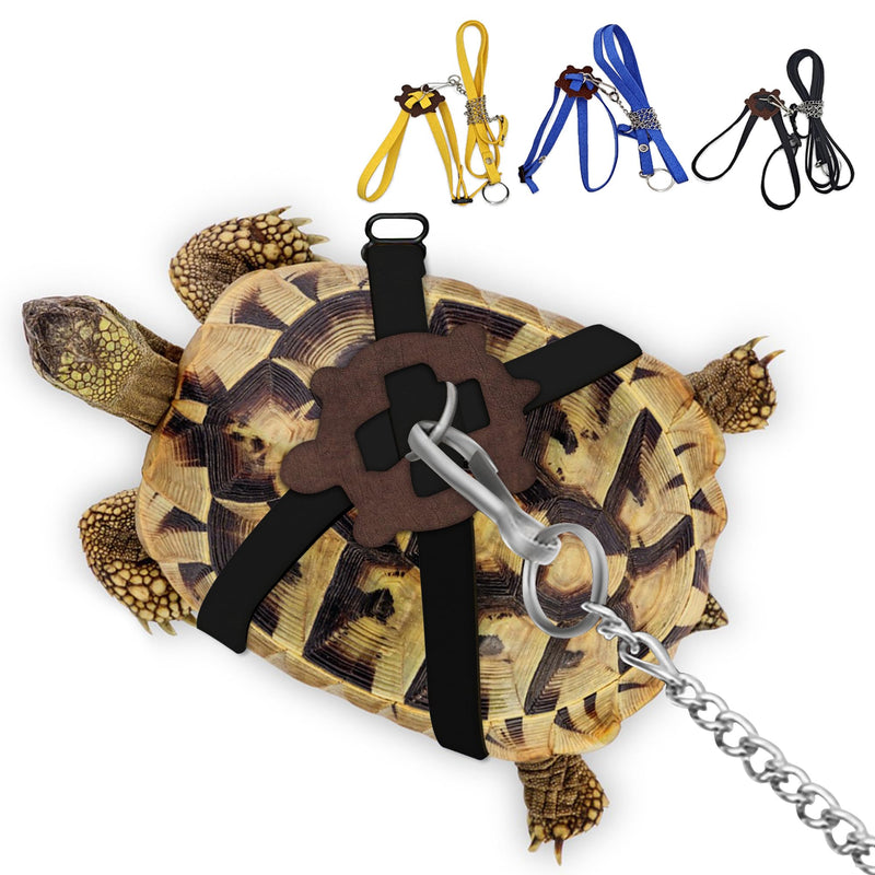 Black adjustable leather harness with chain leash fitted on a tortoise shell top view