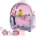 Pink transparent bird backpack carrier with lovebird perched on colorful rope, accessories displayed