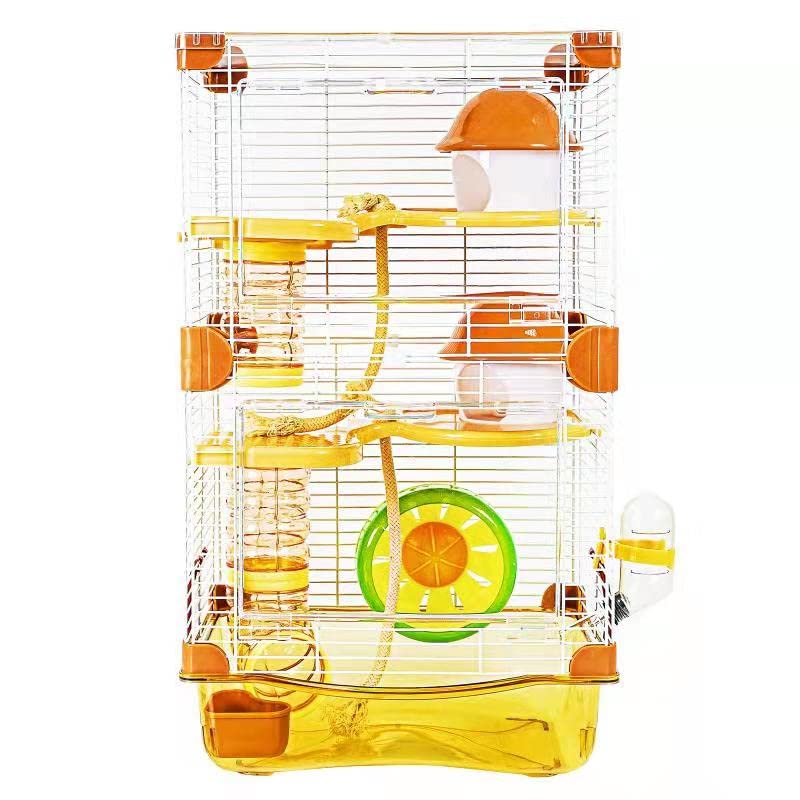 Front view of transparent hamster cage with orange accents, yellow platforms, and green wheel