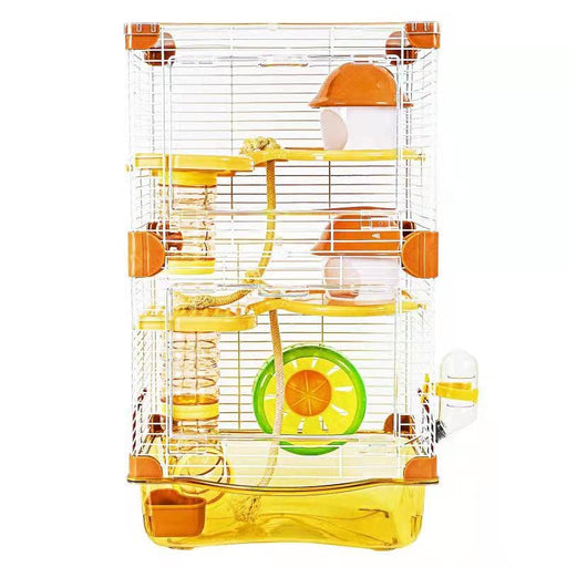 Front view of transparent hamster cage with orange accents, yellow platforms, and green wheel