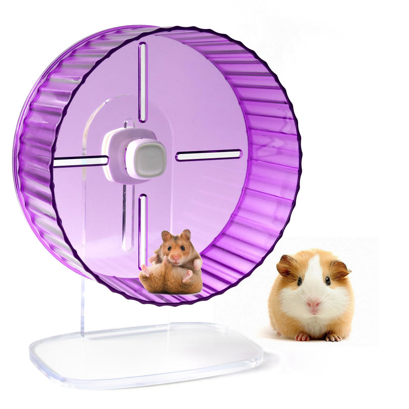 Purple transparent hamster exercise wheel on white stand with two hamsters, one inside wheel