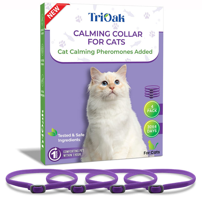 TriOak calming collar package with white cat and 4 purple pheromone collars displayed below