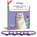 TriOak cat calming collar package with white cat and four purple collars displayed below