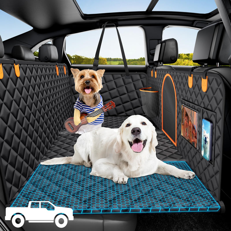 XL truck dog seat hammock with golden retriever and small dog dressed playing ukulele
