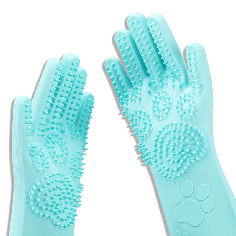 Pair of turquoise silicone pet grooming gloves with textured bristles on palms and fingers