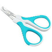 Turquoise and white pet nail clippers with curved blades and ergonomic grip handles