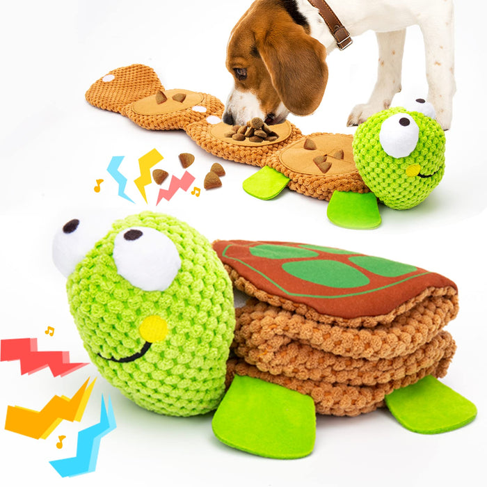 Green turtle puzzle dog toy with brown shell compartments and separate pieces displayed