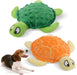 Green and orange turtle squeaky dog toys with beagle puppy looking at orange turtle toy