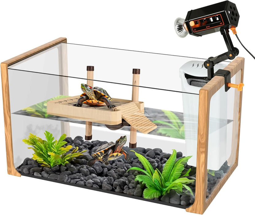 Glass turtle tank with wooden frame, basking platform, plants, and overhead heat lamp attached