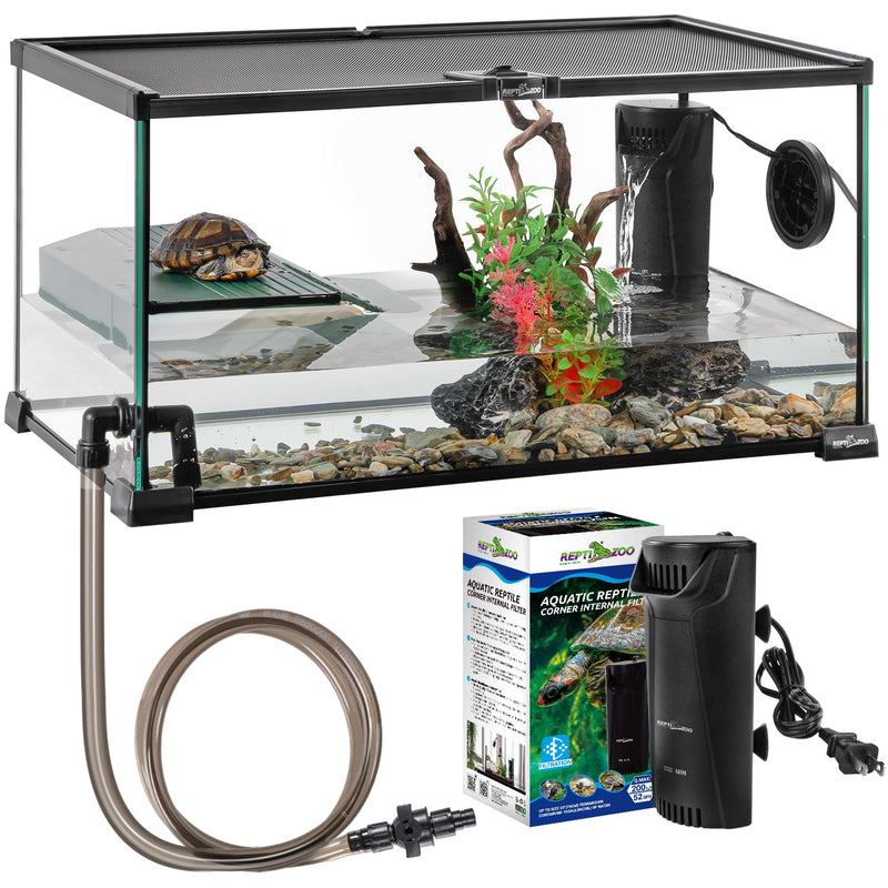 REPTIZOO 10-gallon turtle tank with filter kit, hose, and product box displayed