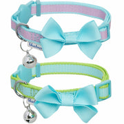 Two breakaway cat collars with turquoise bows and bells - one pink/blue, one green/blue striped