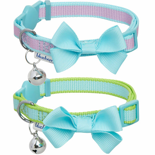 Two breakaway cat collars with turquoise bows and bells - one pink/blue, one green/blue striped