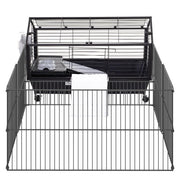 Black wire small animal playpen with elevated second level and ramp, front view