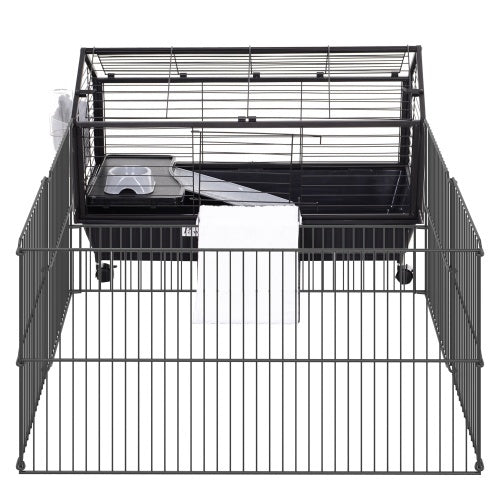 Black wire small animal playpen with elevated second level and ramp, front view