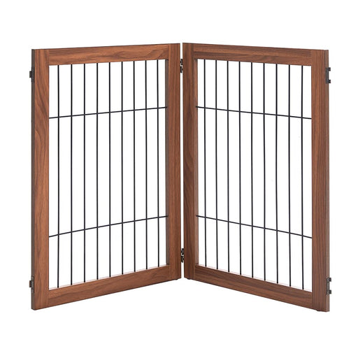 Two-panel foldable pet gate with walnut wood frame and black metal wire grid open view