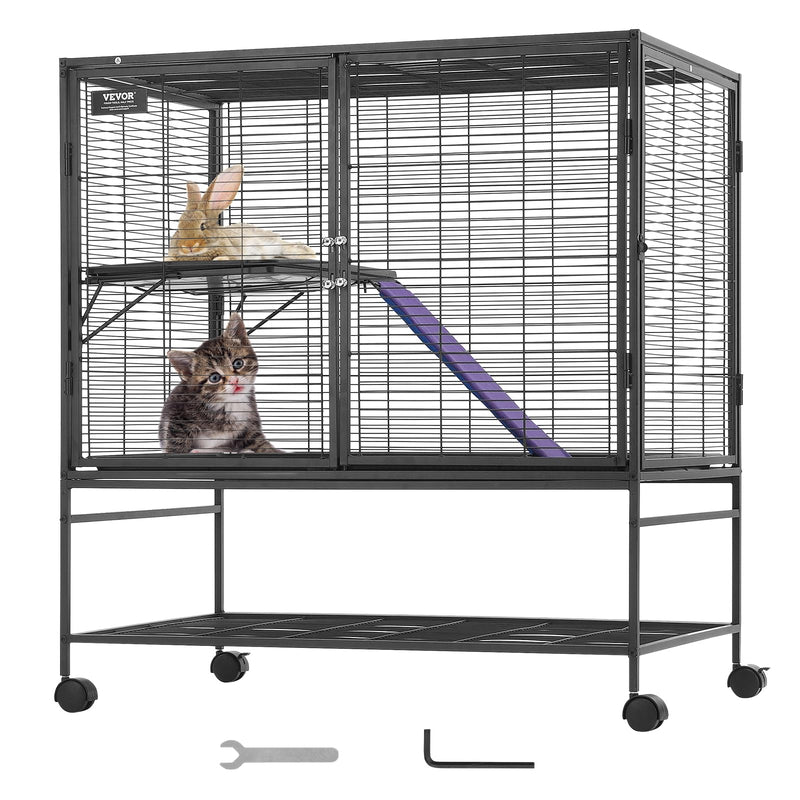 Two-tier rolling animal cage with kitten and rabbit inside, showing purple ramp and platform