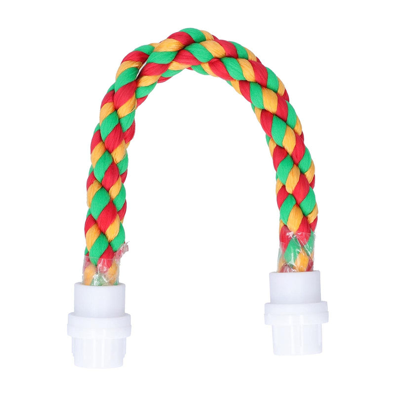 U-shaped braided cotton rope bird perch in red, green and yellow with white plastic ends