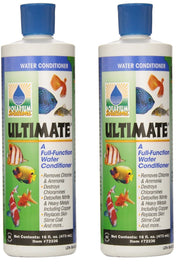 Two bottles of Ultimate water conditioner with blue caps and colorful fish graphics on labels