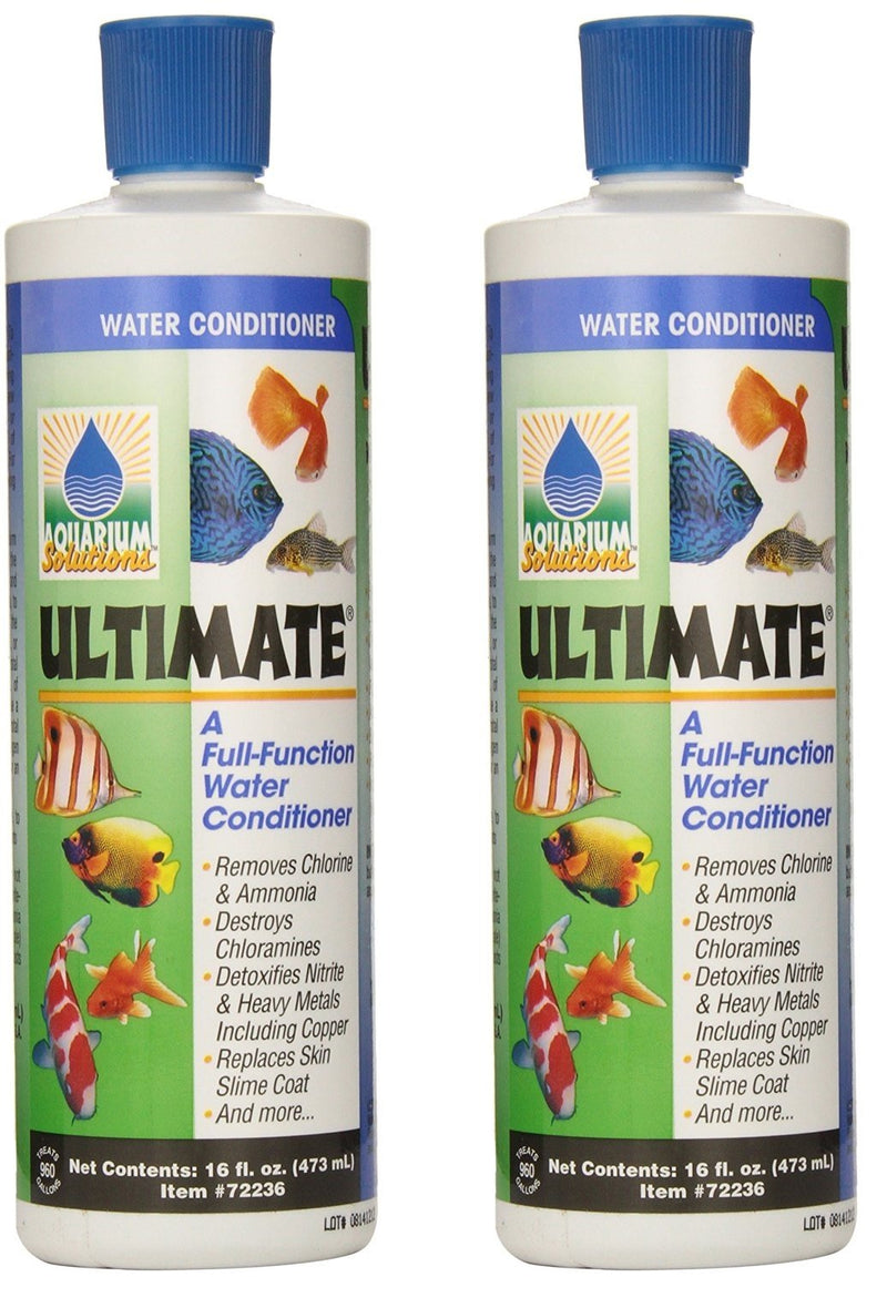 Two bottles of Ultimate water conditioner with blue caps and colorful fish graphics on labels
