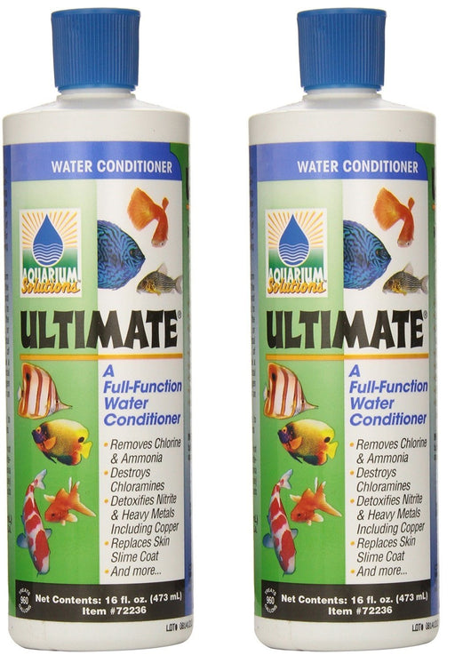 Two bottles of Ultimate water conditioner with blue caps and colorful fish graphics on labels