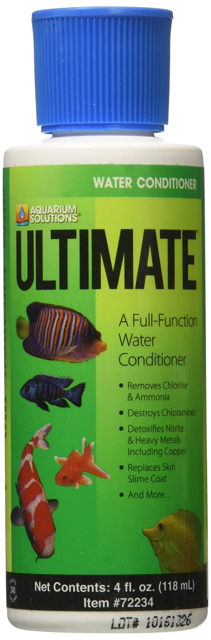 Green bottle of Ultimate water conditioner with blue cap showing fish images and product benefits