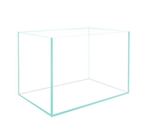Empty ultra-clear glass rimless nano aquarium tank shown from front angle on white background