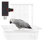 Gray African Grey parrot enjoying shower in white USB-powered bird bathtub with water streaming