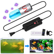 UV aquarium sterilizer light with black control unit showing before and after water clarity