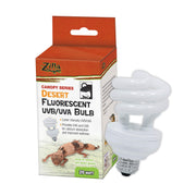 White spiral UVB fluorescent bulb next to orange packaging box for desert reptile lighting