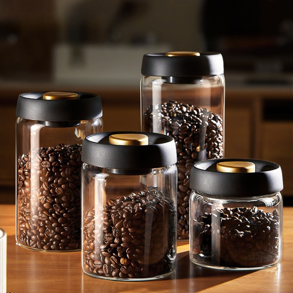 Vacuum sealed glass jar with pump lid creates airtight storage for freshness

