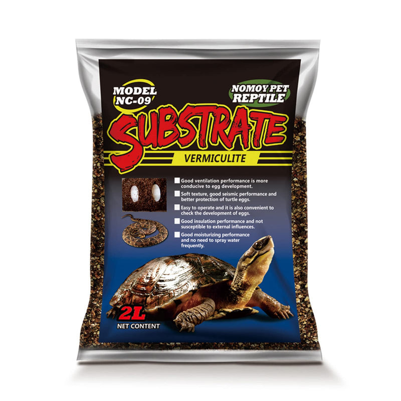 Vermiculite reptile substrate package showing turtle on front with product features and 2L size