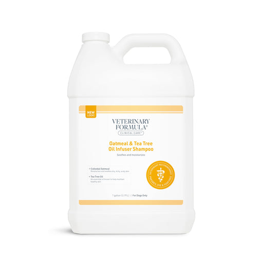 White gallon jug of Veterinary Formula Oatmeal & Tea Tree Oil Infuser Dog Shampoo with orange label