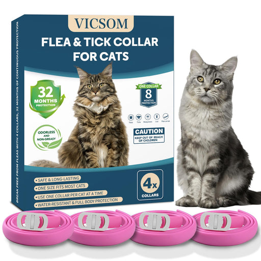 VICSOM flea and tick collar package with tabby cat and four pink collars displayed below