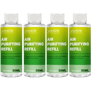 Four green VIHOS air purifying refill bottles with white caps arranged in a row, 55ML each