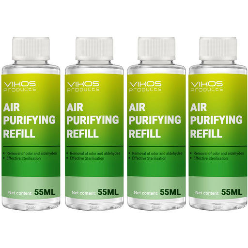 Four green VIHOS air purifying refill bottles with white caps arranged in a row, 55ML each