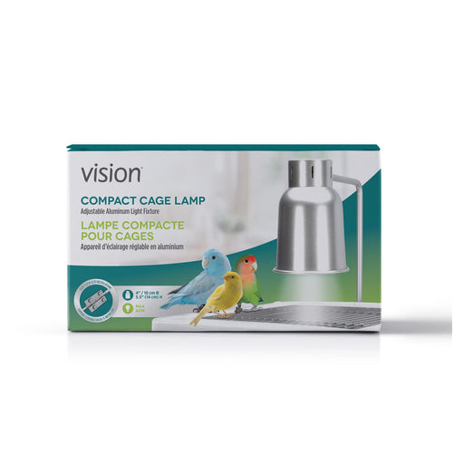 Vision compact aluminum bird cage lamp box with three colorful birds on teal and white packaging