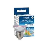 Vision Daylight LED bulb with E27 base next to blue retail packaging showing colorful pet birds