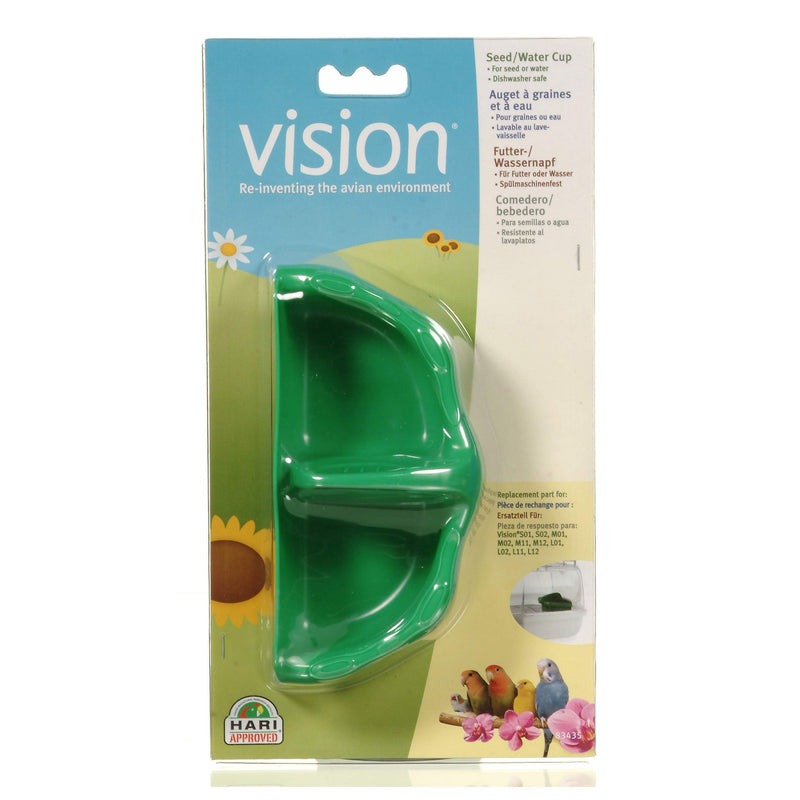 Green Vision bird seed and water cup in retail packaging with sunflower background design