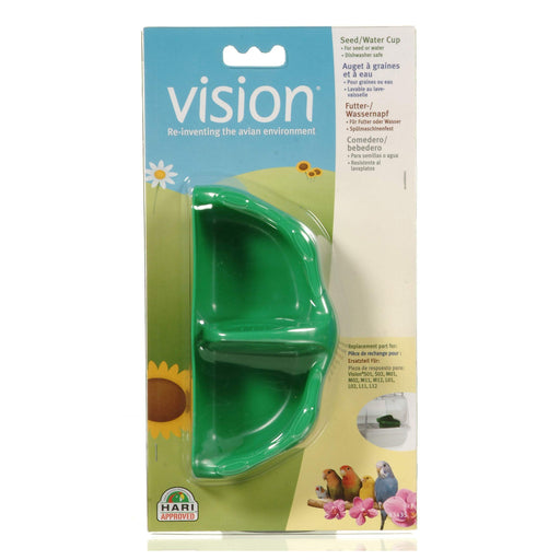 Green Vision bird seed and water cup in retail packaging with sunflower background design