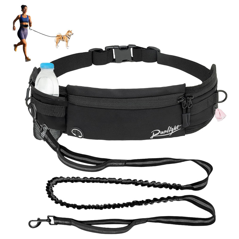 Black running waist belt with bungee leash water bottle pocket and dog running demo